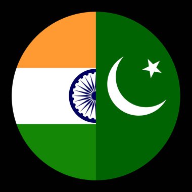 Çember rozeti. Hindistan 'ın yarısı Pakistan rozet çizimi. Asya ülkeleri arasındaki ulusal sembol ilişkisi. Yuvarlak Hindistan Pakistan bayrak amblemi bayrağı. Nükleer güç çatışmayı gösteriyor.