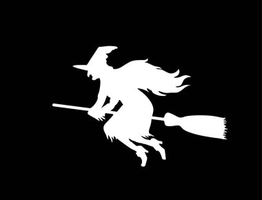 Cadı, uçuş vektörü siluetinde siyaha izole edilmiş süpürgeye biniyor. Cadılar Bayramı, öcü. Walpurgis gecesi. Kara büyü yapan kadın. Korku ve korkunç bir kabus. Gece efsanesi ve peri masalı.