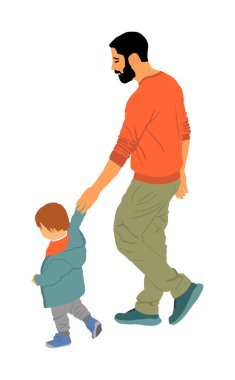 Küçük baba ve oğul, sokak vektörü çiziminde el ele tutuşuyorlar. Ebeveynler oğluyla vakit geçirir. Adam ve çocuk yürüyor. Babalar Günü. Halkın içinde mutlu aile yakınlığı. Babamı seviyorum..
