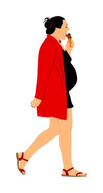 Hamile kadın vektör çizimi beyaza izole edildi. Yürüyen hamile kız dondurma yiyor. Zarif hamile bayan aktif hayat. Sağlık hizmetleri aktivitesi. Bebeğin doğmasını bekleyen mutlu bir anne. Tatlı çöl