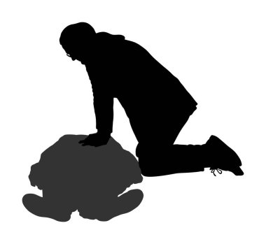 İlk yardım hastasının ilk yardım vektör silueti çizimi. Boğulma kazası baygın adama yardımcı olur. Aşırı dozda sarhoş insan. Suni teneffüs kurbanı şömine saldırısı. Kadın kurtarma adamı kalp masajıyla.