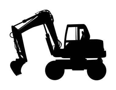 Büyük buldozer taşıyıcı vektör silüeti beyaz arka planda izole edilmiş. Tozlu kazıcı şekli. Kara için kazıcı dozer. İnşaat halinde. İnşaat makinesi çağrı cihazı. Motor derecelendirici gölge.