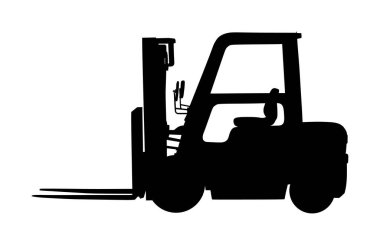 Forklift vektör silueti, ağır yükleyici. Kargo depodan kamyona. Depolama malzemeleri rafları, mallarla dolu paletler. Nakliye ve ulaşım konsepti. İnşaat alanı için yük kamyonu aracı.