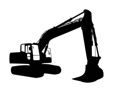 Büyük buldozer taşıyıcı vektör silüeti beyaz arka planda izole edilmiş. Tozlu kazıcı şekli. Kara için kazıcı dozer. İnşaat halinde. İnşaat makinesi çağrı cihazı. Motor derecelendirici gölge.