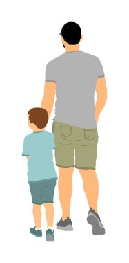 Young father and son holding hands walking on the street vector illustration. Parent spend time with son. Man and boy in walk. Fathers day. Happy family closeness in public. I love my dad. clipart