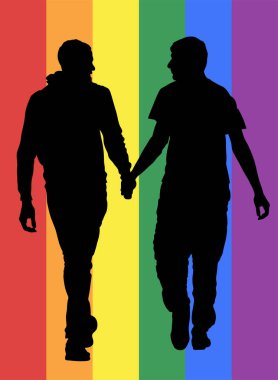 Homoseksüel çocuklar vektör silueti çizimlerini izole ettiler. Eşcinsel çiftler toplum içinde hassasiyet. Yumruk yumruğa yakınlık, erkekler erkekleri sever. Eşcinsel gurur hakları. LGBT bayrağı arka planda özgür aşk.