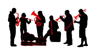 Bando vektör silueti çalıyor. Rüzgar enstrümanı konser caz etkinliği. Klasik müzik orkestrası klarneti, flüt, trompet, borazan, saksafon, trombon, tenor kornosu, flütçü. Müzisyen halk eğlencesi