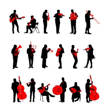 Müzik aleti silueti olan büyük bir müzisyen grubu. Gitarist, kontrabass, keman, akordeon, flütçü, saksafon, gaydacı, klarnet, çift bas, trompet, borazancı, davulcu, çello sanatçısı.