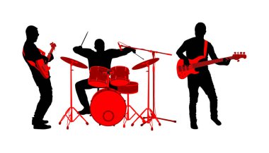 Rock and roll bant vektör silueti çizimi izole edildi. Müzisyen sahnede bas gitar ve davul çalar. Süper star müzik konseri. Davulcu ve gitaristler gölge şeklinde. Şarkıcı.