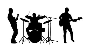 Rock and roll grubu vektör silueti izole edildi. Müzisyen sahnede bas gitar ve davul çalar. Süper star müzik konseri. Hayranlar için büyük bir etkinlik. Davulcu ve gitarist, şarkıcı