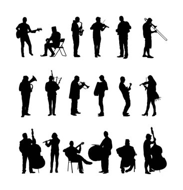 Müzik aleti silueti olan büyük bir müzisyen grubu. Gitarist, kontrabass, keman, akordeon, flütçü, saksafon, gaydacı, klarnet, çift bas, trompet, borazancı, davulcu, çello sanatçısı.