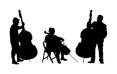 Çello çalan müzik bandosu kadın çellocu Contra Bass Man düet vektör silueti izole edildi. Klasik müzik etkinliği sanatçıları telli enstrüman orkestrası çalıyorlar. Caz sokak sanatçısı. Müzisyenler çift bas.