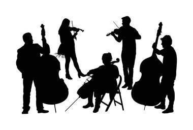 Çello çalan müzik bandosu kadın çellocu Contra Bass Man düet vektör silueti izole edildi. Keman sanatçıları orkestrada telli çalgı çalar. Caz sokak sanatçısı. Müzisyenler çift bas şeklinde.