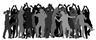 Parti dansçıları, kızlar ve oğlanlar, beyaza izole edilmiş siluet çizimi yapıyor. Gece hayatı parti ekibi dans ediyor. Disko kulübü etkinliği. Doğum günü kutlaması. Gençlerin keyfi yerinde. Eğlenceli eğlence..