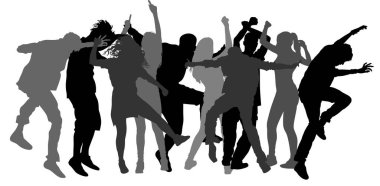 Parti dansçıları, kızlar ve oğlanlar, beyaza izole edilmiş siluet çizimi yapıyor. Gece hayatı parti ekibi dans ediyor. Disko kulübü etkinliği. Doğum günü kutlaması. Gençlerin keyfi yerinde. Eğlenceli eğlence..