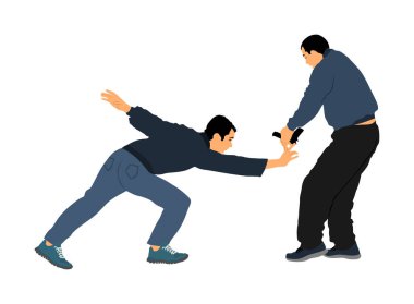 Kendini savunma savaş vektör illüstrasyon. Silahlı silahla saldırgana karşı savaşan adam. Krav maga gösteri gerçek durum. Teröriste karşı ömür boyu mücadele edin. Ordu beceri eylem. Polis tutuklandı.