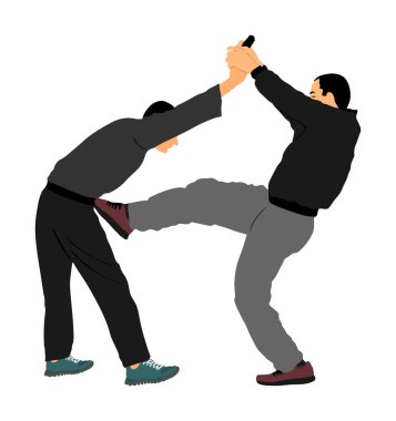 Kendini savunma savaş vektör illüstrasyon. Silahlı silahla saldırgana karşı savaşan adam. Krav maga gösteri gerçek durum. Teröriste karşı ömür boyu mücadele edin. Ordu beceri eylem. Polis tutuklandı.