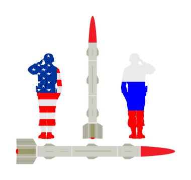 Topçu Fırlatıcı test vektör çizimi. ABD Füze Roketi Rusya 'ya nükleer bomba ile karşı karşıya. Savaş tehdidi. Savaş için güçlü bir ordu silahı. Kıyamet günü alarmı. Düşmana çok gizli