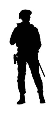 Askeri asker keskin nişancı tüfeğiyle vektör silueti çiziminde. Bağımsızlık Günü. Asker nöbeti elinde tutar. Ranger sınırda. Komandolar selamlıyor. Anma Günü 4 Temmuz.