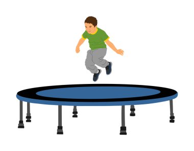 Beyaz üzerinde izole edilmiş trambolin taşıyıcısında zıplayan çocuk. Neşeli çocuk eğleniyor ve gülümsüyor. Çocuk dışarıda oynuyor. Yaz eğlencesi. Oğlunun doğum günü kutlu olsun. Komik atlama oyunu.