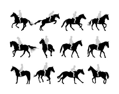 Arka planda izole edilmiş dörtnala vektör silüetinde yarış atı. Jokey yarışta jokey ata biniyor. Hipodrom spor etkinliği. Eğlence kumarı. Binici bariyerin üzerinden atlıyor.