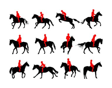 Arka planda izole edilmiş dörtnala vektör silüetinde yarış atı. Jokey yarışta jokey ata biniyor. Hipodrom spor etkinliği. Eğlence kumarı. Binici bariyerin üzerinden atlıyor.