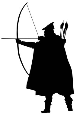 Archer vektör silüeti beyaz arkaplanda izole edilmiş. Robin Hood siluet vektörü. Geleneksel avcı. Ortaçağ şövalyesi.