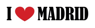 Madrid 'in beyaz arka planda izole edilmiş pankart vektör illüstrasyonuna bayılıyorum. Turist ve seyahat hatırası tişört damgası. Madrid amblemi turistleri davet ediyor. İspanya 'nın başkenti Avrupa