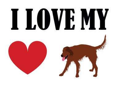 İrlanda Red Setter tişört baskı amblem pankartına bayılırım. Portre köpeği İrlanda Red Setter çıkartması rozet çizimi izole edildi. Köpeğe dikkat et. Mans en iyi arkadaş. Sevimli hayvan. Komik avcı köpek maskotu..