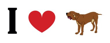 İngiliz Mastiff tişört baskı amblem pankartına bayılırım. Portre köpeği English Mastiff çıkartması rozet çizimi izole edildi. Köpeğe dikkat et. Mans en iyi arkadaş. Sevimli hayvan. Komik köpek maskotu..