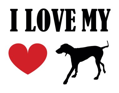 Weimaraner 'ın tişört baskısı amblem pankartına bayılıyorum. Portre köpeği Weimaraner siluet etiket rozet çizimi izole edildi. Köpeğe dikkat et. Mans en iyi arkadaş. Sevimli hayvan. Komik av köpeği maskotu şekli.