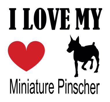Minyatür Pinscher tişört baskı amblem pankartına bayılırım. Köpek Minyatür Pinscher siluet çıkartması rozet tasviri izole edildi. Köpeğe dikkat et. Mans en iyi arkadaş. Sevimli hayvan komik köpek maskotu.