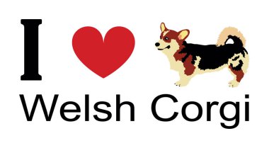 Klişe tişört baskısı amblem pankartına bayılırım. Köpek Welsh Corgi Cardigan 'ın portresi. Rozet vektör çizimi izole edildi. Köpeğe dikkat et. Mans en iyi arkadaş. Sevimli hayvan. Komik küçük köpek maskotu..
