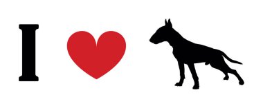 Bull terrier tişört baskı amblem pankartına bayılırım. Köpek Bull Teriyeri 'nin portresi siluet çıkartma rozet tasviri izole edildi. Köpeğe dikkat et. İnsanlar en iyi arkadaş sevimli hayvan komik küçük köpek maskotu.