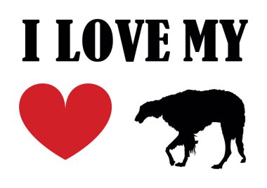 Rus Wolfhound Dog tişört baskı amblem pankartına bayılırım. Rus Wolfhound köpeği silueti rozet vektör çizimi izole edildi. Köpeğe dikkat et. İnsanların en iyi dostu sevimli evcil hayvan, komik köpek maskotu.