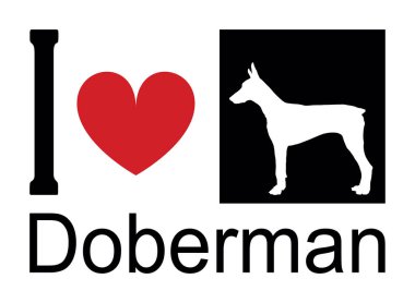 Doberman 'ın tişört baskısı amblem pankartına bayılıyorum. Köpek Doberman siluetinin portresi. Rozet vektör çizimi izole edildi. Köpeğe dikkat et. İnsanların en iyi dostu sevimli evcil hayvan. Komik köpek maskotu şekil gölgesi.