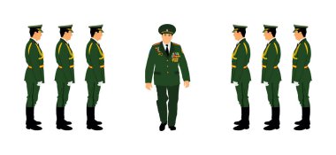Üniformalı bir ordu generali vektör illüstrasyonunu selamlayan birliklere karşı izole edildi. Rus mareşal. Vatansever asker komutanı. Bataklık tören alayı. Askeri tören cesur kahraman adam.