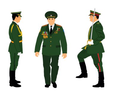 Üniformalı bir ordu generali vektör illüstrasyonunu selamlayan birliklere karşı izole edildi. Rus mareşal. Vatansever asker komutanı. Bataklık tören alayı. Askeri tören cesur kahraman adam.