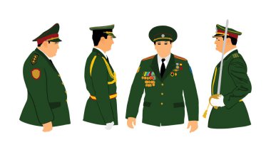 Üniformalı bir ordu generali vektör illüstrasyonunu selamlayan birliklere karşı izole edildi. Rus mareşal. Vatansever asker komutanı. Bataklık tören alayı. Askeri tören cesur kahraman adam.