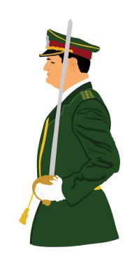 Askerlerin vekil ilüstrasyonuna kılıç sallayan üniformalı bir ordu generali. Asker komutan vatansever asker kahraman adam. Bataklık tören alayı askeri geçit töreni..