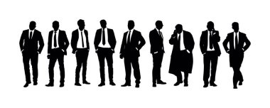 Cep vektörü silueti olan iş adamları izole edildi. Yakışıklı süit kravat. Zarif erkek, meşgul yönetici şekli. Yuppie işadamı müşteriyle ofis dışında görüşüyor. Sözleşme anlaşması iletişimi.