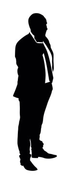 Cep telefonu konuşma vektör silueti olan bir iş adamı izole edildi. Süit kravatlı yakışıklı adam. Zarif erkek, el ele verip menajerlik yapıyor. Yuppie ofis müşterisiyle görüşüyor. İş sözleşmesi iletişimi.