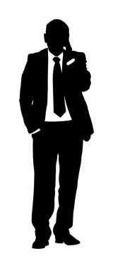 Cep telefonu konuşma vektör silueti olan bir iş adamı izole edildi. Süit kravatlı yakışıklı adam. Zarif erkek, el ele verip menajerlik yapıyor. Yuppie ofis müşterisiyle görüşüyor. İş sözleşmesi iletişimi.