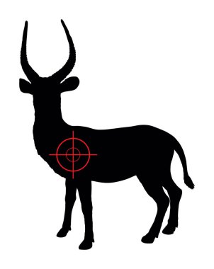 İnsan avcısı nişancı tüfeği Waterbuck geyik vektör siluetini hedefliyor. Vahşi hayvan avı bontebok geyik şekli. Geyik boynuzlarını hedef alarak tam isabet av gölgesi. Kobus avlamak