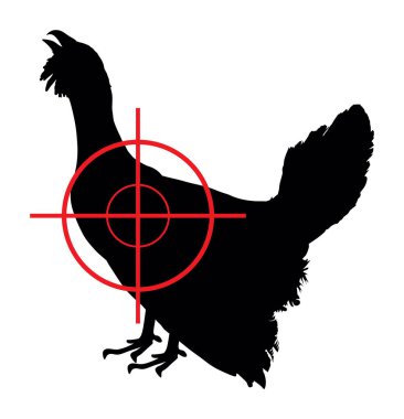 Keskin nişancı tüfekli insan avcısı Wood orman tavuğu vektör siluetini izole etmeyi hedefliyor. Vahşi hayvan avlama, hedef kuş şekli. Heather 'ın horoz av gölgesini hedef alın. Av atışı.