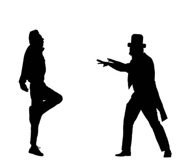 Hipnotizmacı insan vektör siluetini hipnotize eder ve kaldırır. Uyuyan adam havada süzülüyor. Sihirbaz illüzyonist numara yapıyor. Sihirbaz. Psikolog ve uyurgezer.