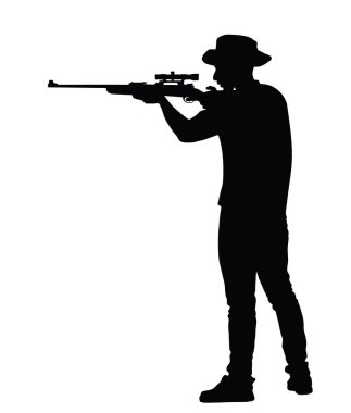 Asker keskin nişancı tüfeği düşmana karşı savaş vektör silueti çizimi izole edildi. Polis memuru mafya üyesini kapatıyor. Polis tutuklaması. Safari avcısı hedef şekil gölgesini hedefliyor.