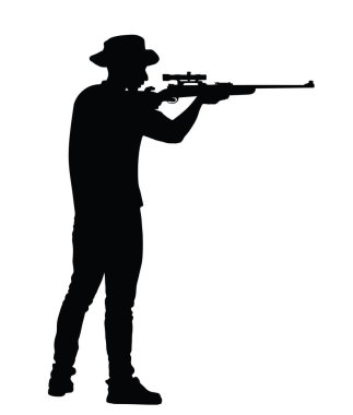 Asker keskin nişancı tüfeği düşmana karşı savaş vektör silueti çizimi izole edildi. Polis memuru mafya üyesini kapatıyor. Polis tutuklaması. Safari avcısı hedef şekil gölgesini hedefliyor.