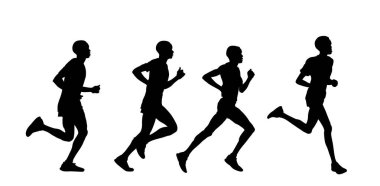Bir grup sprinter koşucusu vektör siluet çizimi izole edildi. Şekil gölgesinde koşan kalabalık siluet maratoncuları. Spor adam aktivitesi. Sporcu çocuk yarışması. Afro sporcu kazandı..