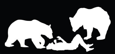 Ayıların saldırısına uğrayan yaralı adam zemin vektör siluetinde izole edilmiş bir şekilde yatıyor. Açık hava tehlikesi, kızgın canavara karşı uzanan çocuk. Turist erkek hayvanat bahçesi kazası kafeste tedavi görüyor..